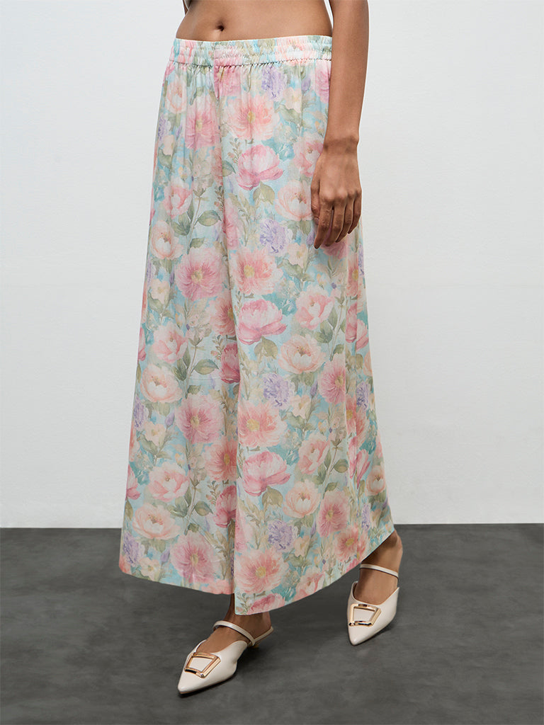 Zuba Aqua Floral Printed Cotton Palazzos