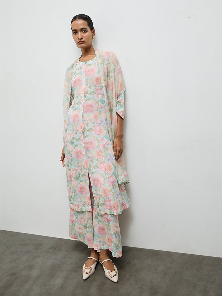 Zuba Aqua Floral Printed Cotton Palazzos