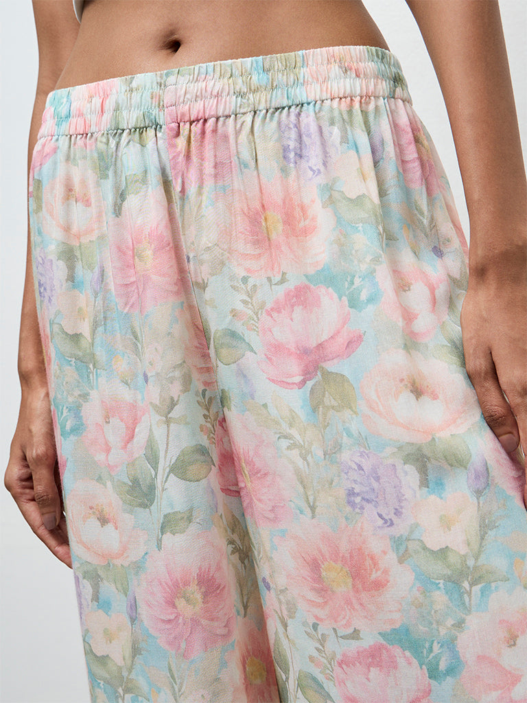 Zuba Aqua Floral Printed Cotton Palazzos