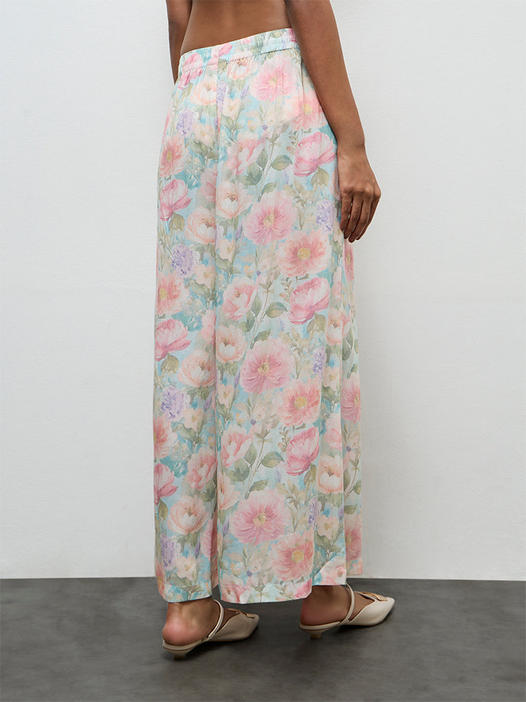 Zuba Aqua Floral Printed Cotton Palazzos