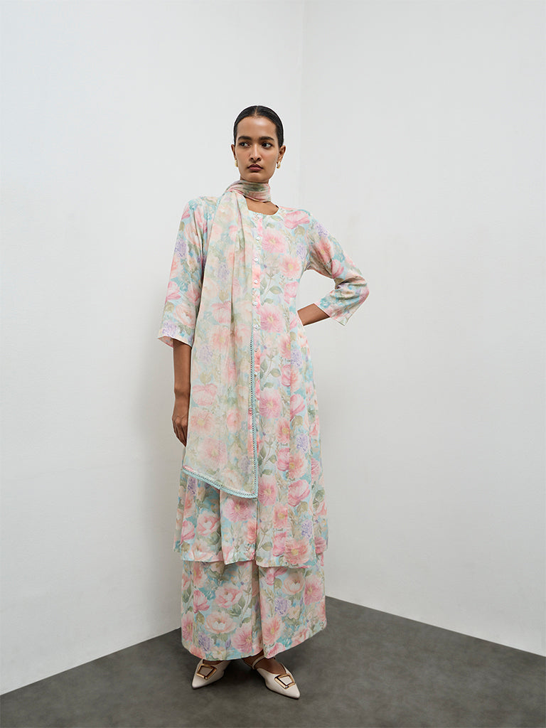 Zuba Aqua Floral Printed Cotton A-Line Kurta