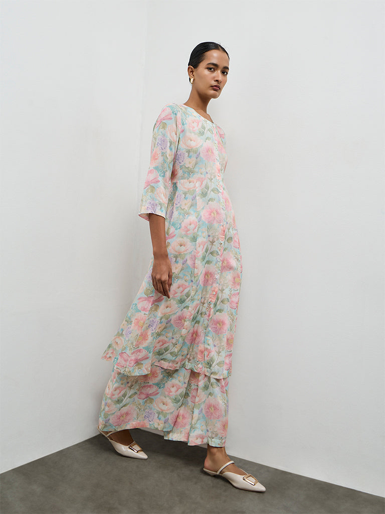 Zuba Aqua Floral Printed Cotton A-Line Kurta