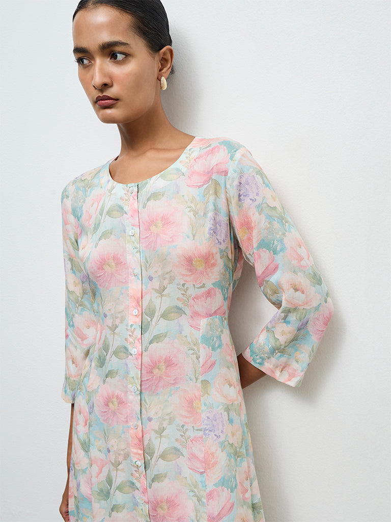 Zuba Aqua Floral Printed Cotton A-Line Kurta