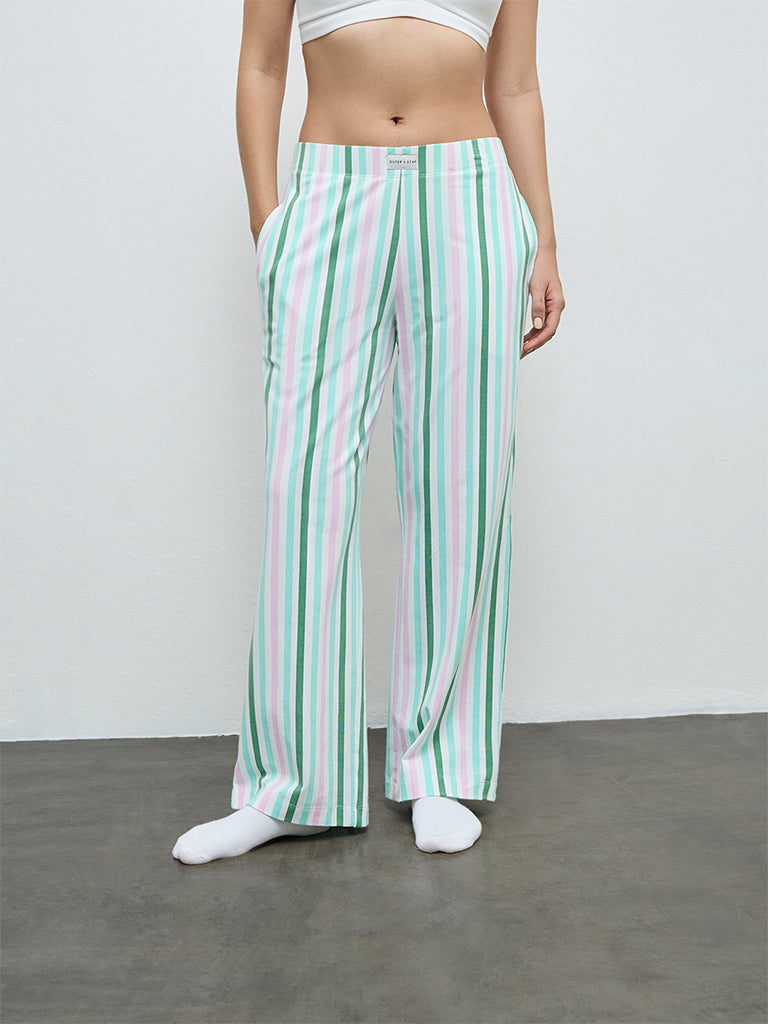 Superstar Green Striped Cotton-Blend High-Rise Pants
