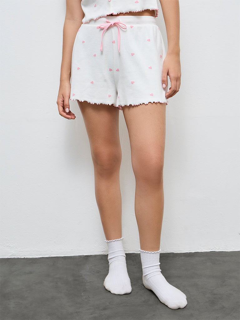 Superstar White Heart Printed High-Rise Cotton-Blend Shorts
