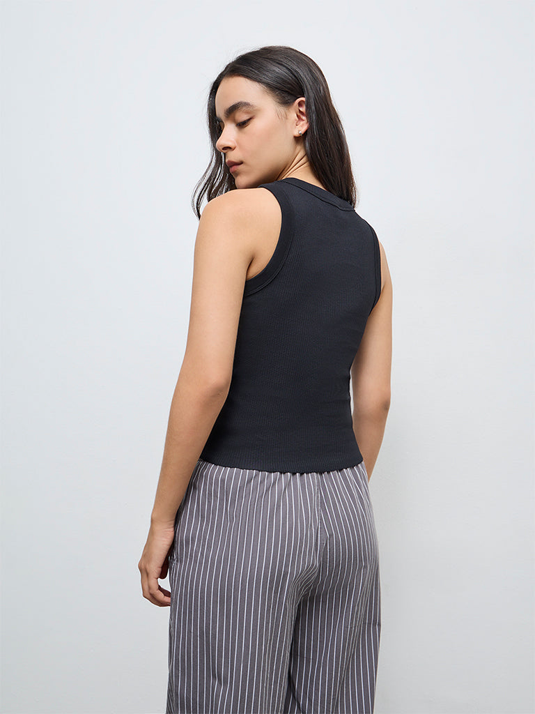Superstar Black Ribbed Cotton-Blend Tank Top