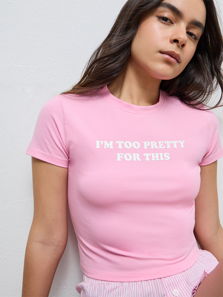 Superstar Pink Text Printed Cotton-Blend T-Shirt
