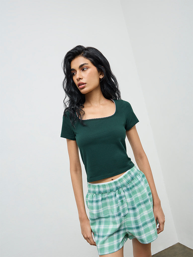 Superstar Dark Green Solid Cotton-Blend Top