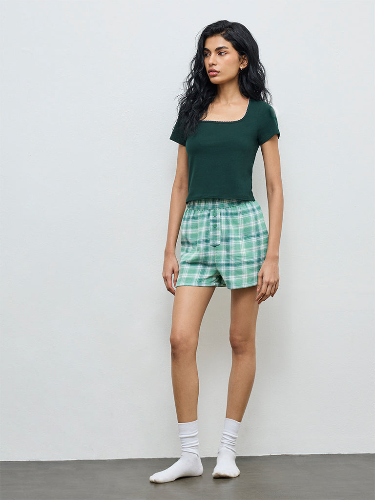 Superstar Dark Green Solid Cotton-Blend Top