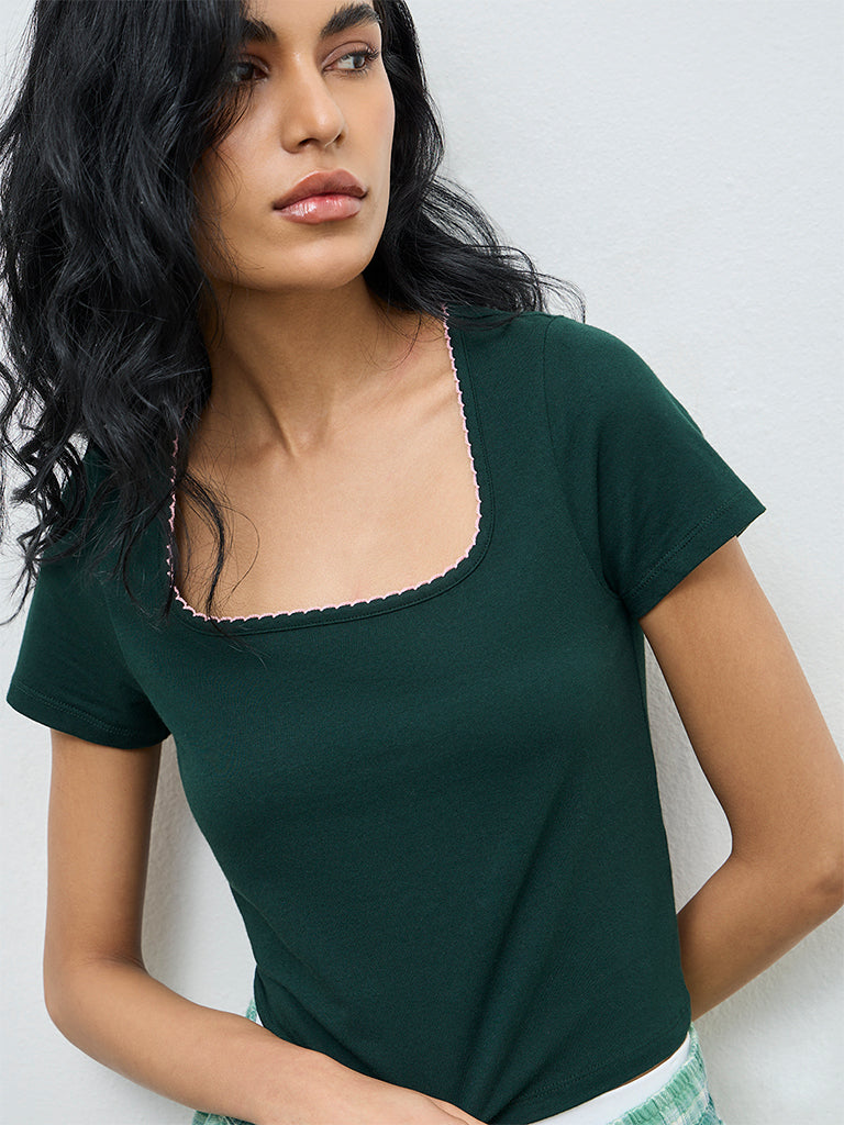 Superstar Dark Green Solid Cotton-Blend Top