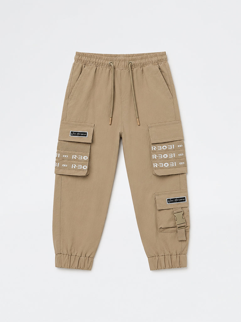HOP Kids Boys Beige Text-Printed Mid-Rise Cargo-Style Joggers