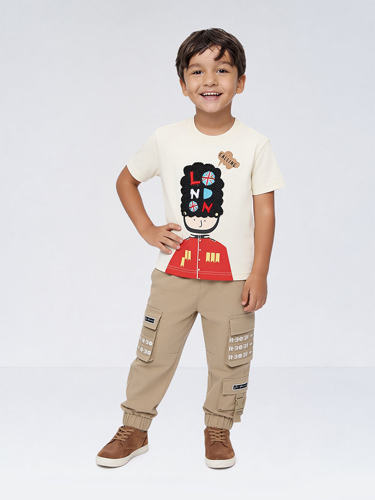 HOP Kids Boys Beige Text-Printed Mid-Rise Cargo-Style Joggers