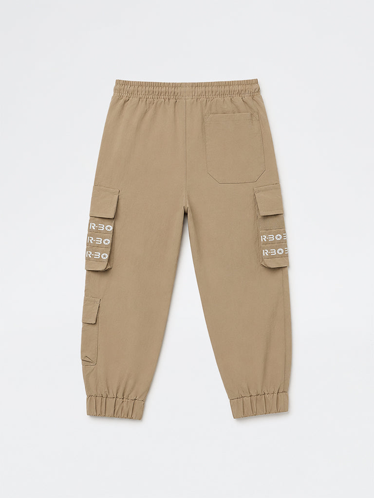 HOP Kids Boys Beige Text-Printed Mid-Rise Cargo-Style Joggers