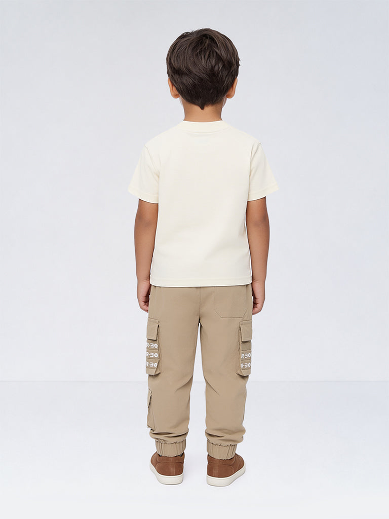 HOP Kids Boys Beige Text-Printed Mid-Rise Cargo-Style Joggers