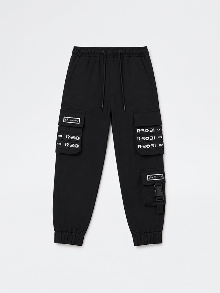 HOP Kids Boys Black Text-Printed Mid-Rise Cargo-Style Joggers