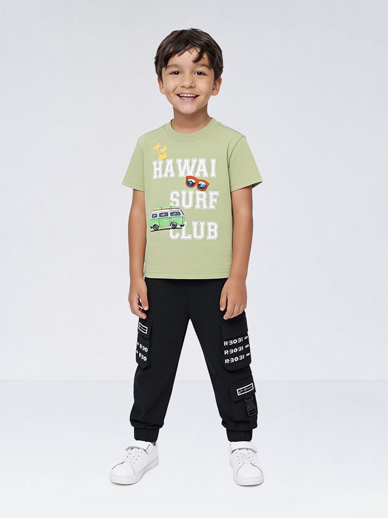 HOP Kids Boys Black Text-Printed Mid-Rise Cargo-Style Joggers