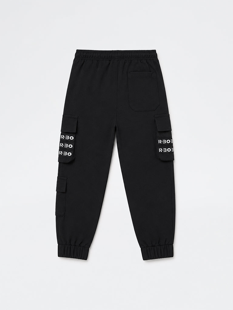 HOP Kids Boys Black Text-Printed Mid-Rise Cargo-Style Joggers