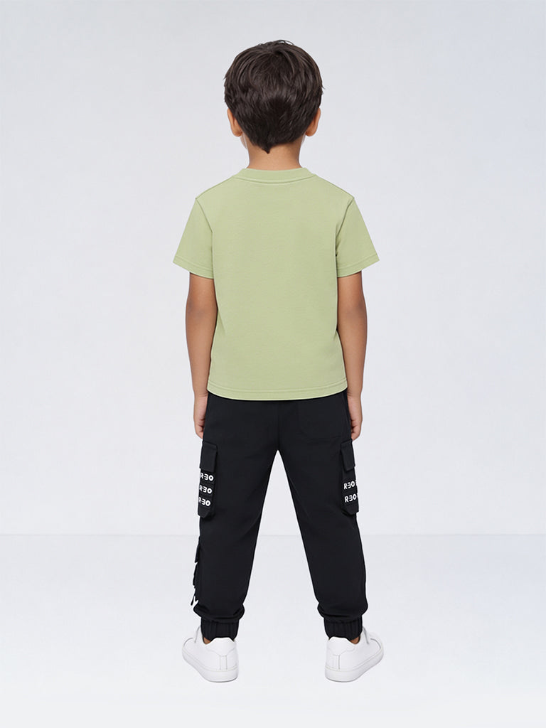 HOP Kids Boys Black Text-Printed Mid-Rise Cargo-Style Joggers