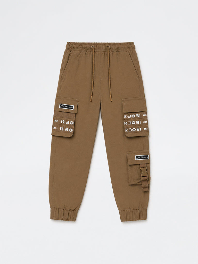 HOP Kids Boys Taupe Text-Printed Mid-Rise Cargo-Style Joggers
