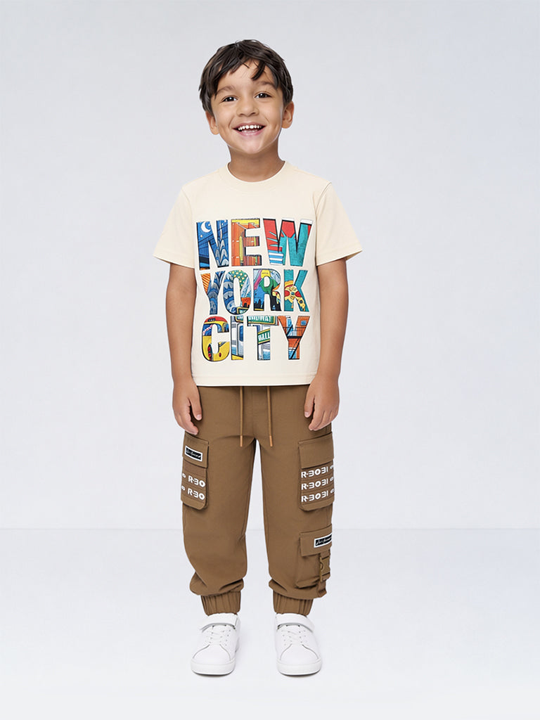HOP Kids Boys Taupe Text-Printed Mid-Rise Cargo-Style Joggers