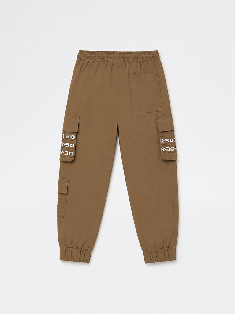 HOP Kids Boys Taupe Text-Printed Mid-Rise Cargo-Style Joggers