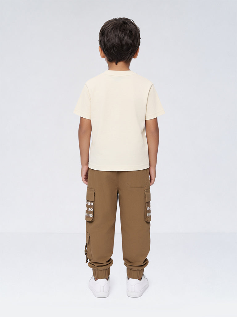 HOP Kids Boys Taupe Text-Printed Mid-Rise Cargo-Style Joggers
