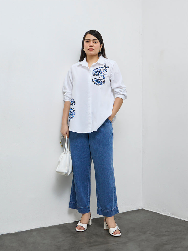 Gia White Floral Embroidered Cotton Shirt
