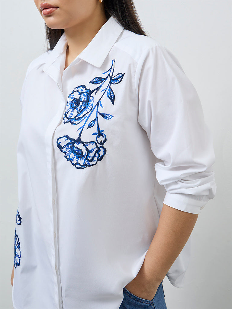 Gia White Floral Embroidered Cotton Shirt