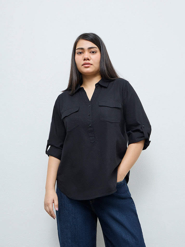 Gia Black Solid Cotton-Blend Blouse