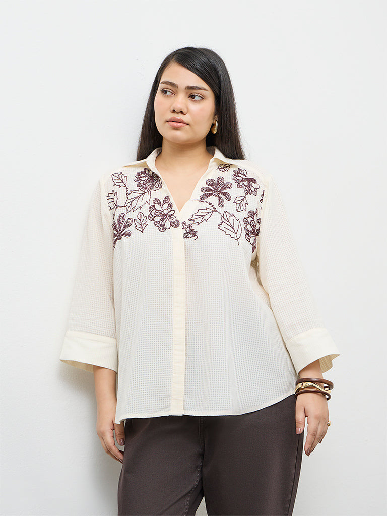 Gia Cream Floral Embroidered Cotton Shirt