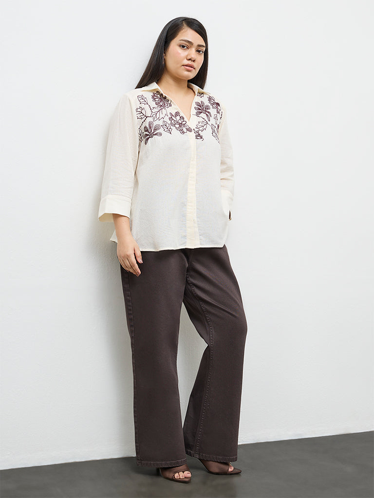Gia Cream Floral Embroidered Cotton Shirt