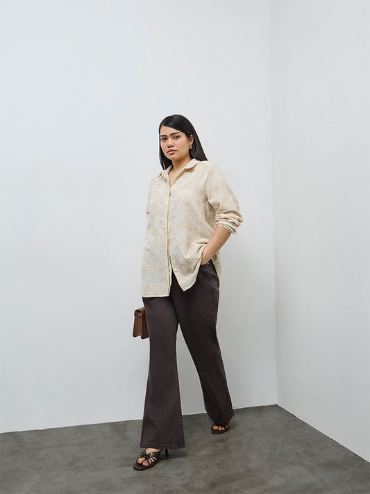 Gia Beige Floral Embroidered Cotton Shirt