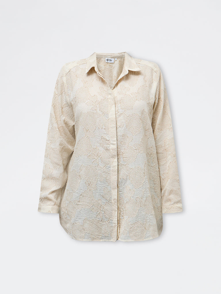 Gia Beige Floral Embroidered Cotton Shirt