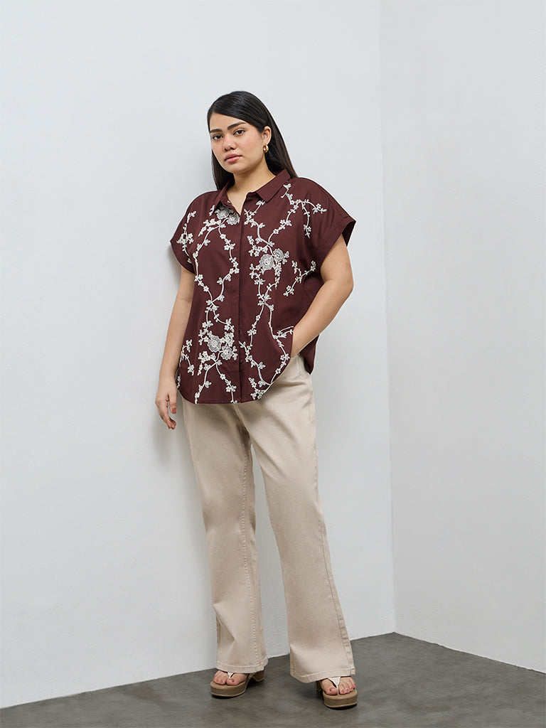 Gia Dark Brown Floral Embroidered Shirt