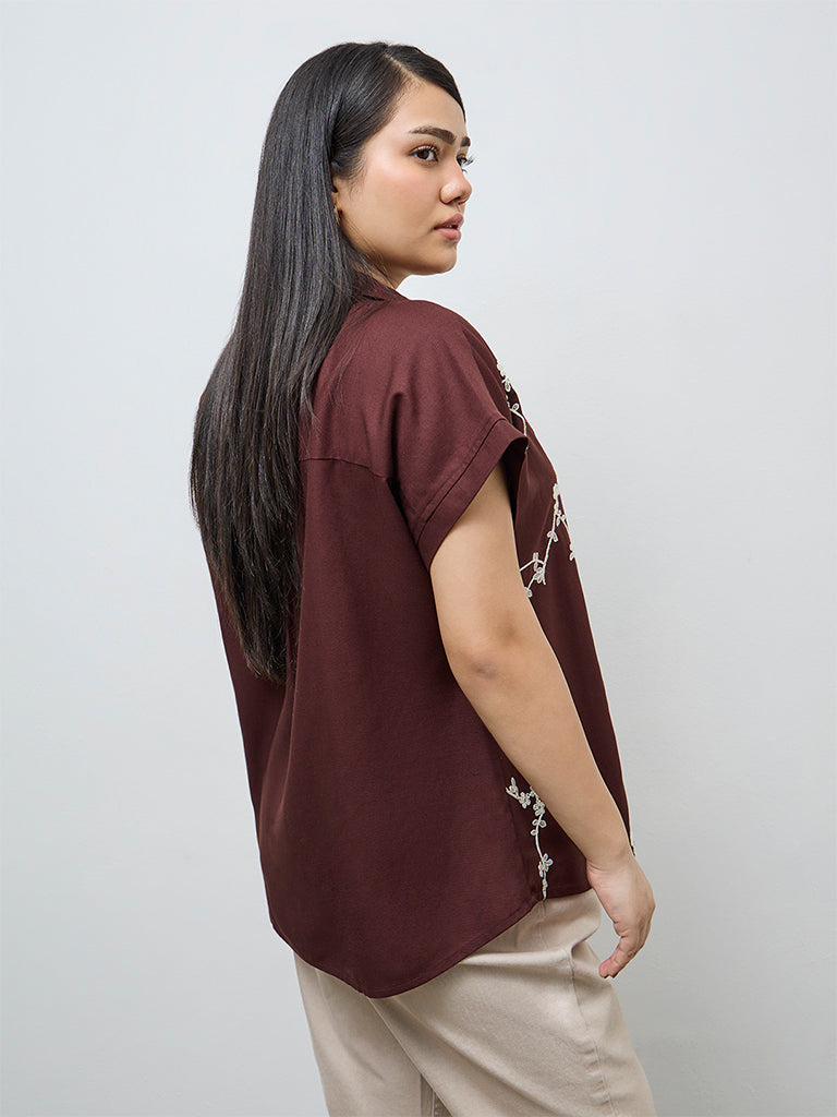 Gia Dark Brown Floral Embroidered Shirt