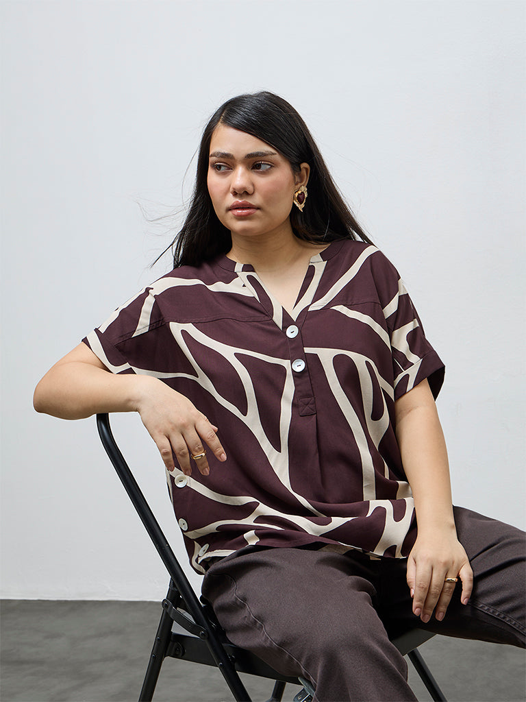 Gia Dark Brown Abstract Printed Blouse