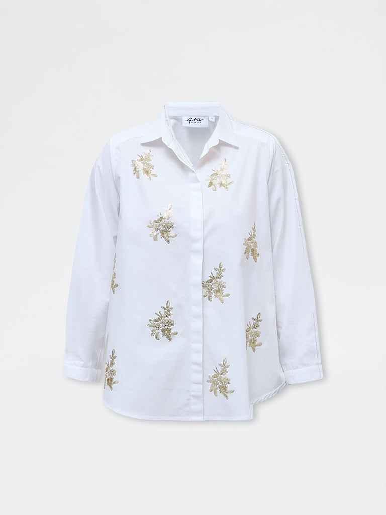 Gia White Floral Embellished Cotton Shirt