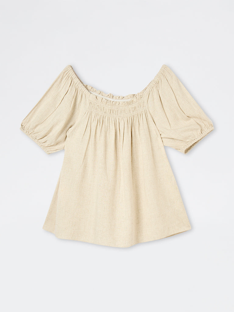 Gia Beige Smock-Detailed Top
