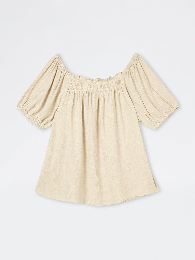 Gia Beige Smock-Detailed Top