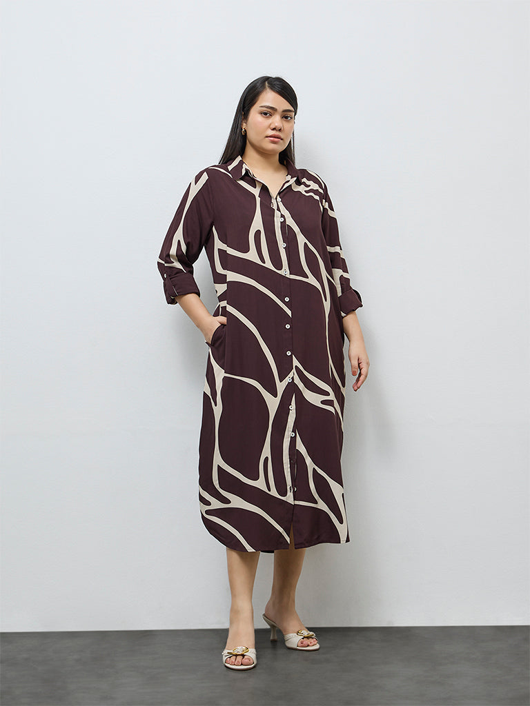 Gia Dark Brown Abstract Design Shirt Dress