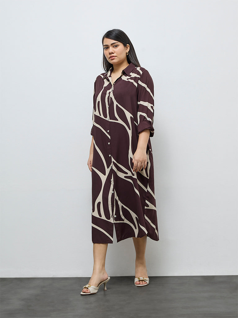 Gia Dark Brown Abstract Design Shirt Dress