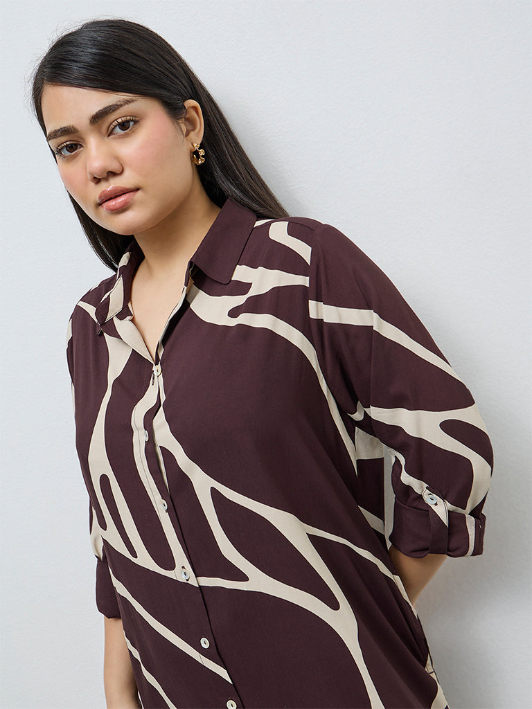 Gia Dark Brown Abstract Design Shirt Dress