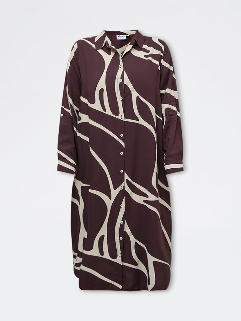 Gia Dark Brown Abstract Design Shirt Dress