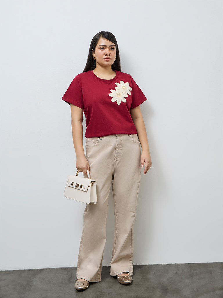 Gia Burgundy Floral Embroidered Cotton T-Shirt