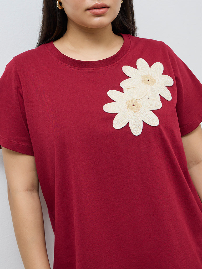 Gia Burgundy Floral Embroidered Cotton T-Shirt