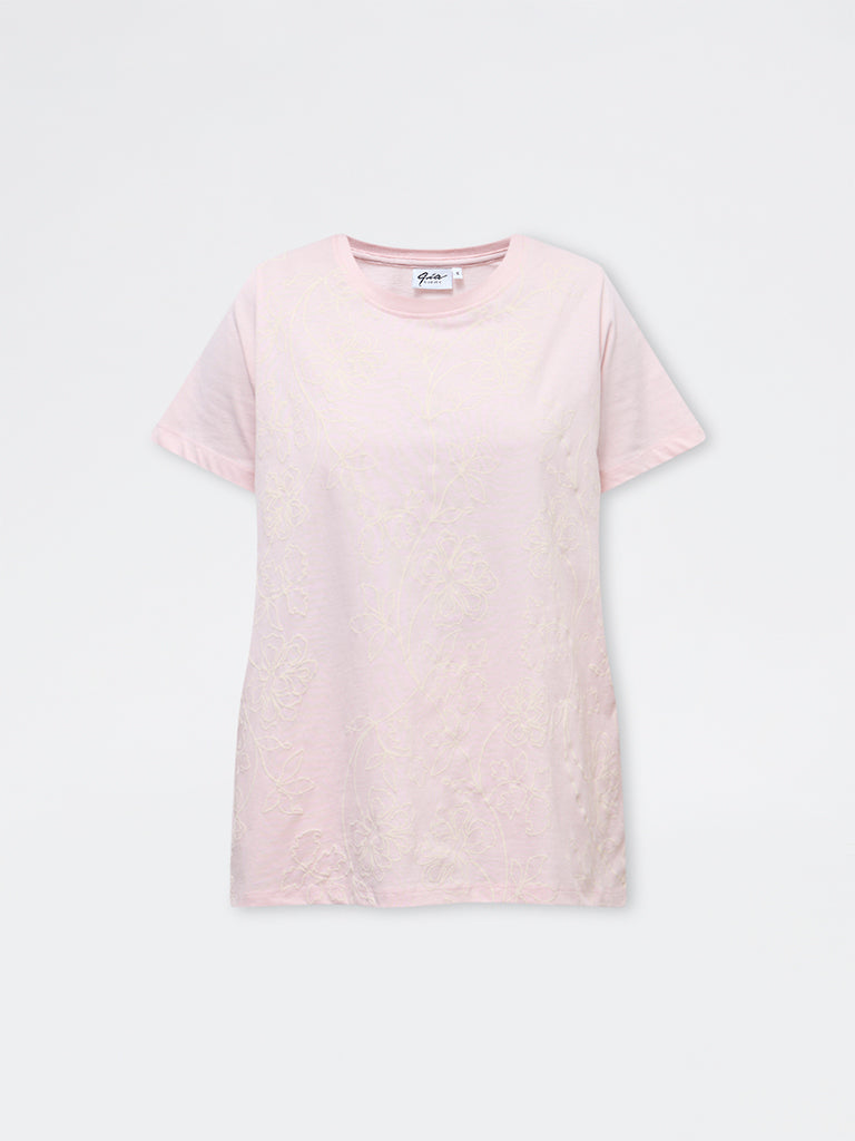 Gia Pink Floral Embroidered Cotton T-Shirt