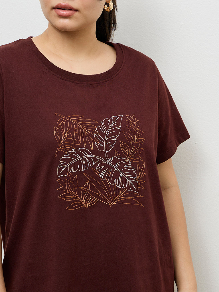 Gia Dark Brown Leaf Design Cotton T-Shirt