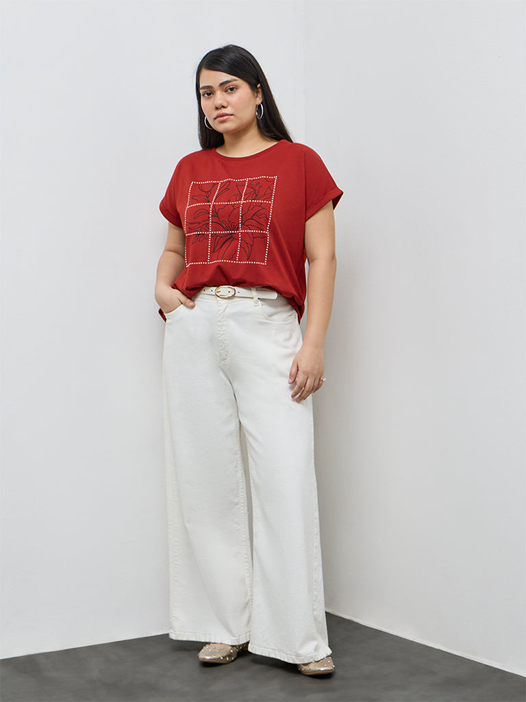 Gia Red Floral Design Cotton T-Shirt