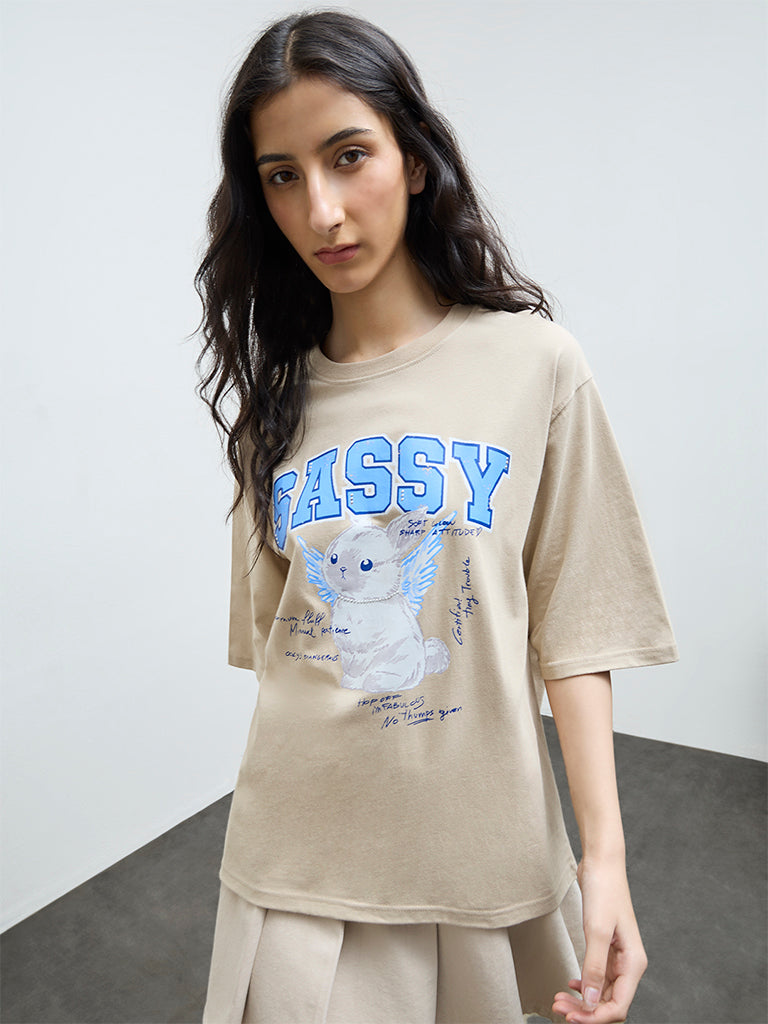 Nuon Beige Graphic Cotton T-Shirt