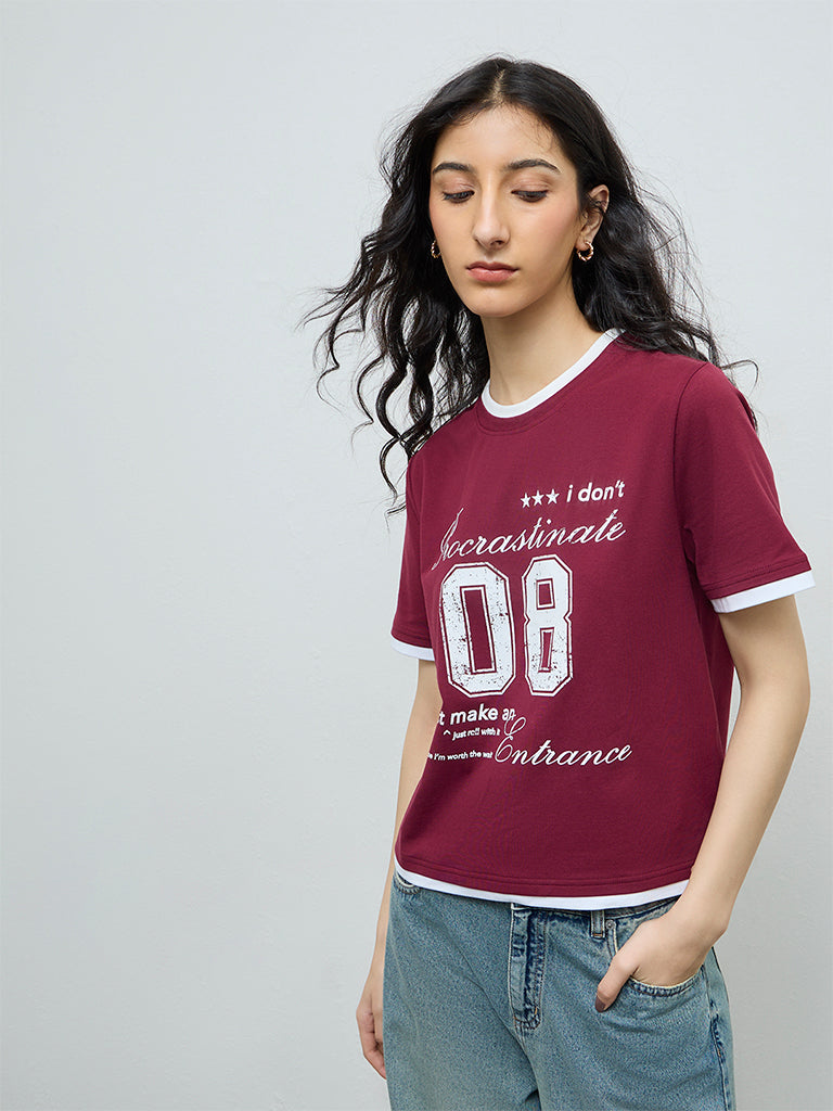 Nuon Burgundy Typographic Cotton T-Shirt